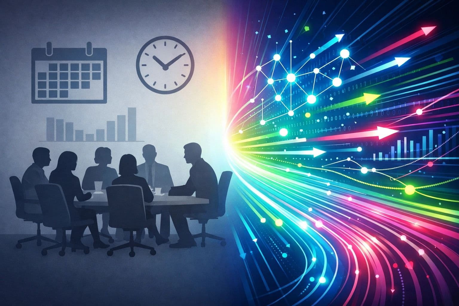 Meeting room with calendar, clock, and abstract data streams