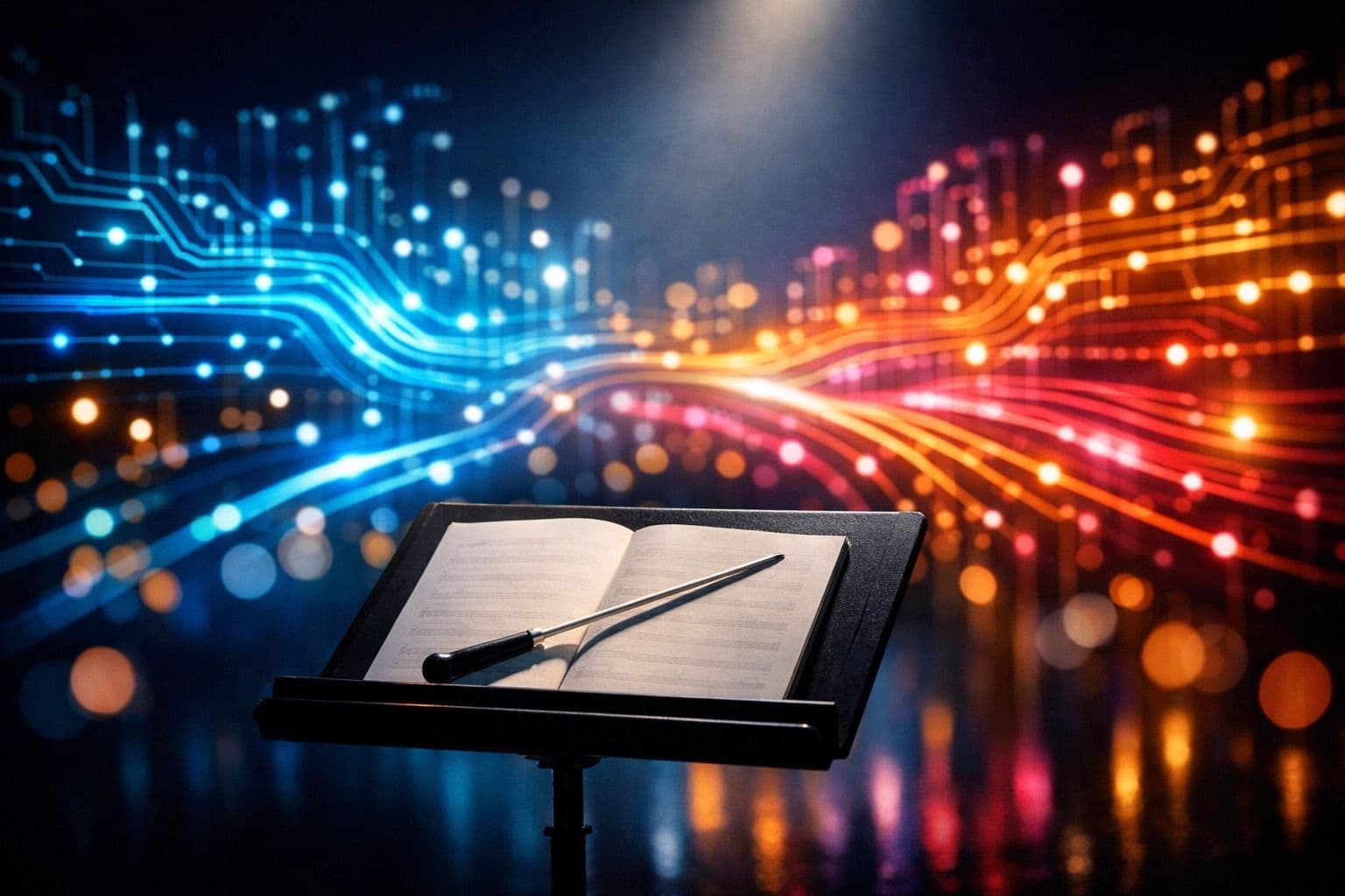 Orchestra stand with conductor baton and music sheet in front of glowing data streams