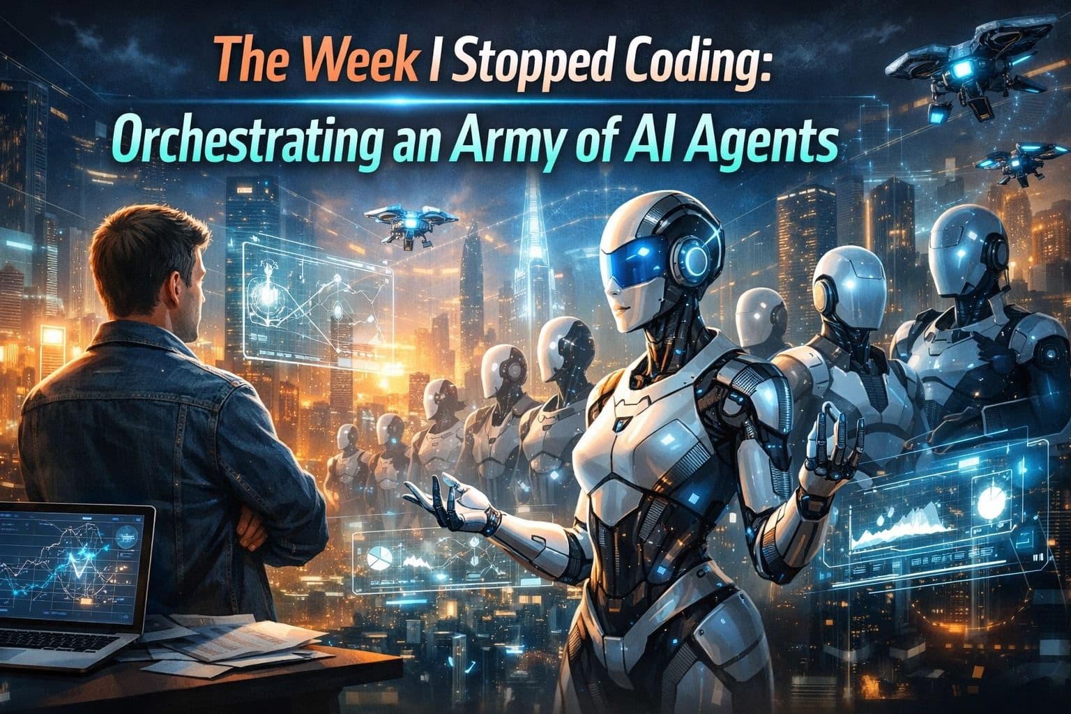 The Week I Stopped Coding: Orchestrating an Army of AI Agents - a human and AI robot collaborating at a futuristic workstation